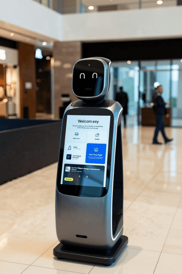 Robot illustration in a hotel lobby